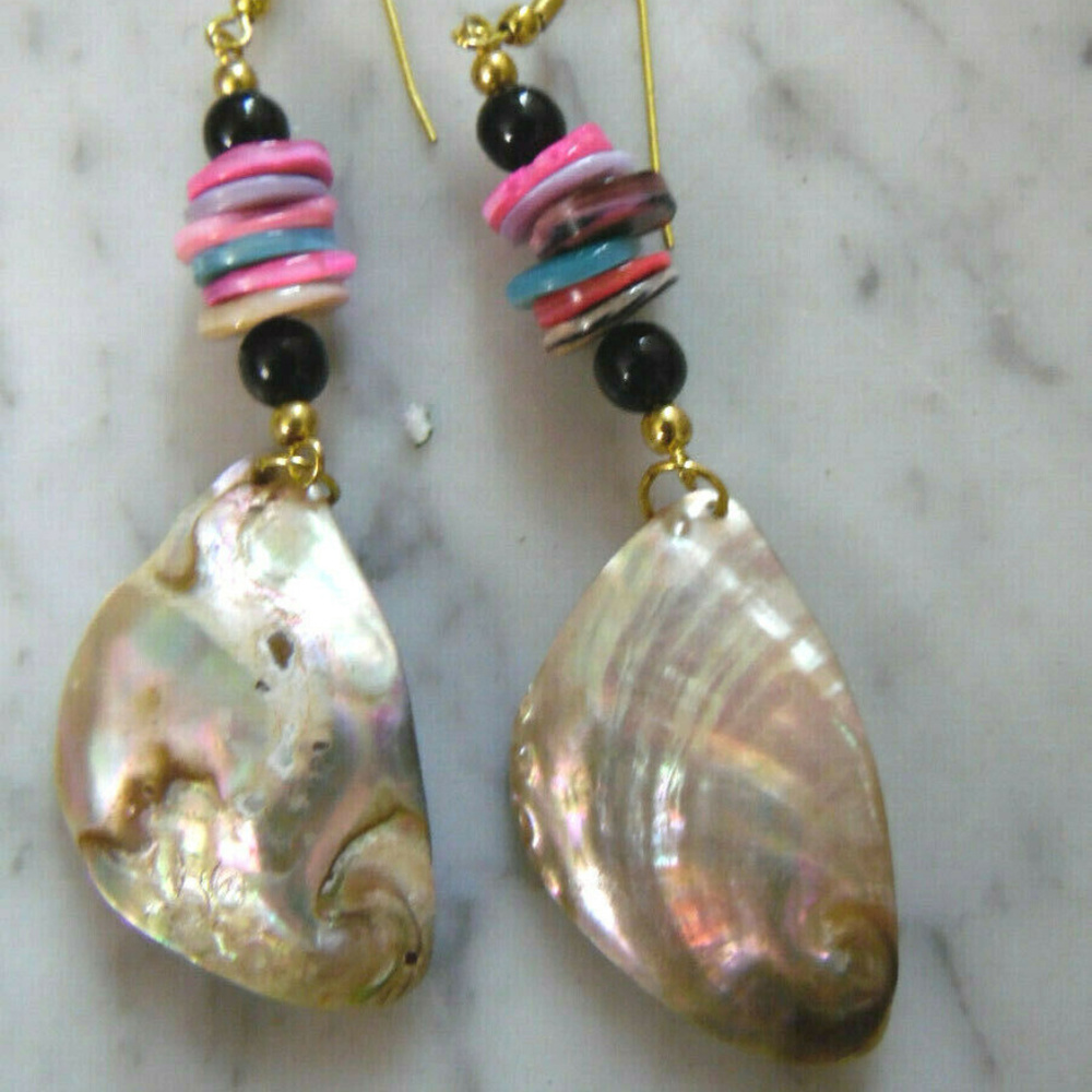 NEW~ABALONE~80'S~GOLD~STAINLESS~DANGLE EARRINGS